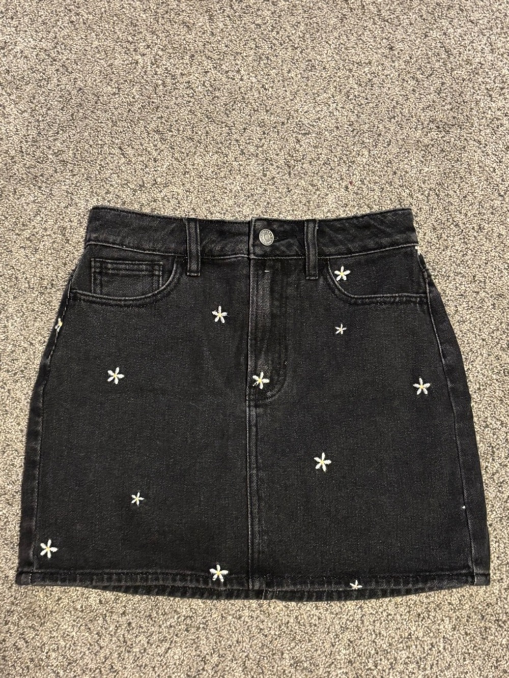 PacSun Black Denim Mini Skirt with White Daisy Embroidery